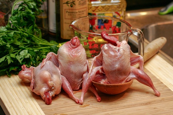 Three small headless, plucked birds sitting next to one another, posed sultrily; one is sitting spread eagle in a wooden spoon; in the background is a measuring cup, a sprig of parsley, and bottles of oil