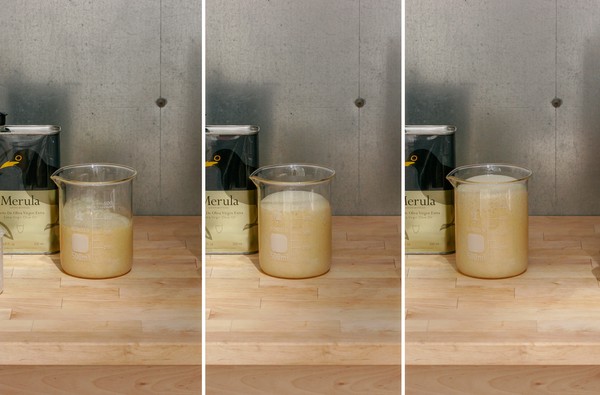 Allowing expanding meat to rise A triptych where each panel shows a progression of expanding foam expansion in a glass beaker